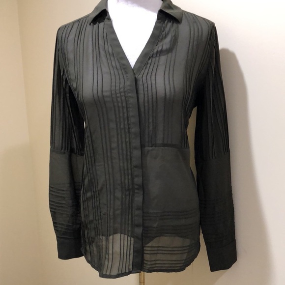 Alfani Green Pleated Button Down Shirt with Notched Collar Size S ( fits S- M ) - Picture 2 of 8